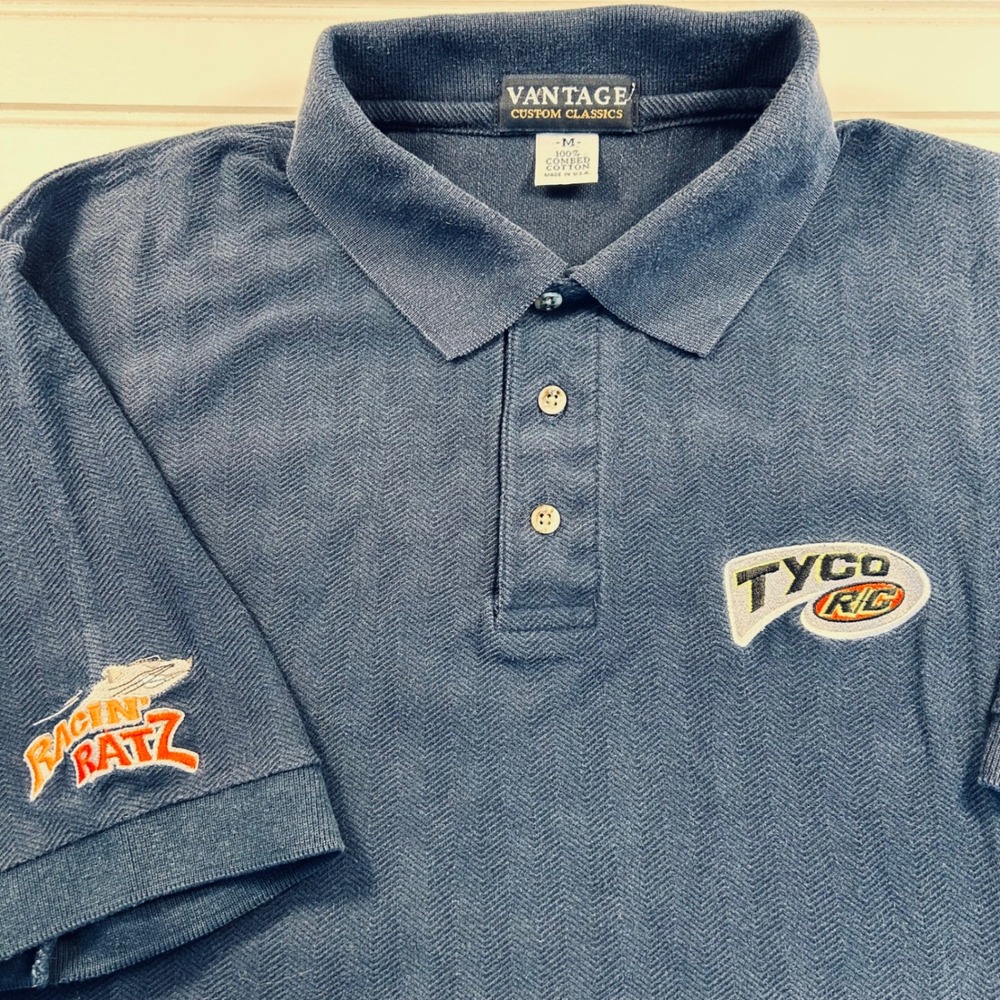 VTG Tyco R/C Racing Ratz Polo Shirt Mens M Navy Blue Vantage Custom Classics USA